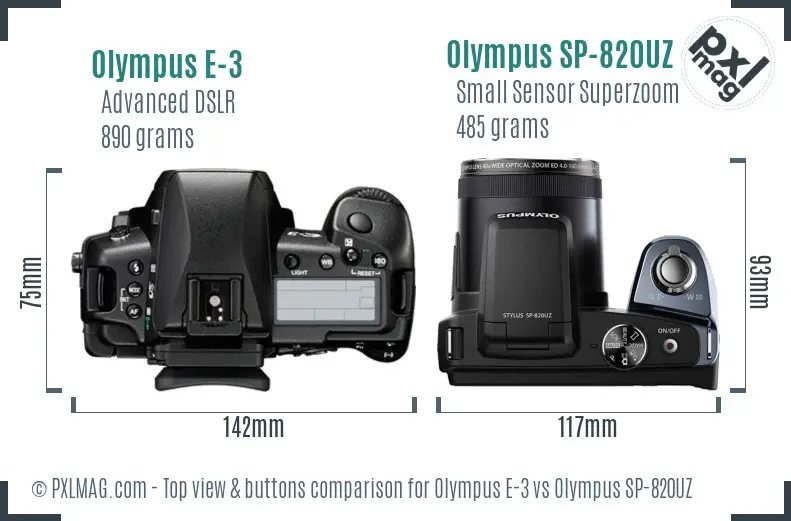Olympus E-3 vs Olympus SP-820UZ top view buttons comparison