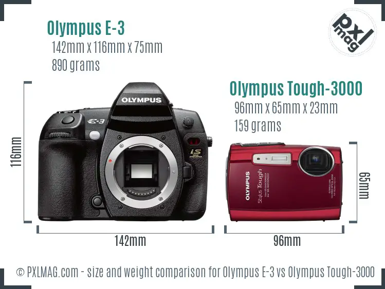 Olympus E-3 vs Olympus Tough-3000 size comparison