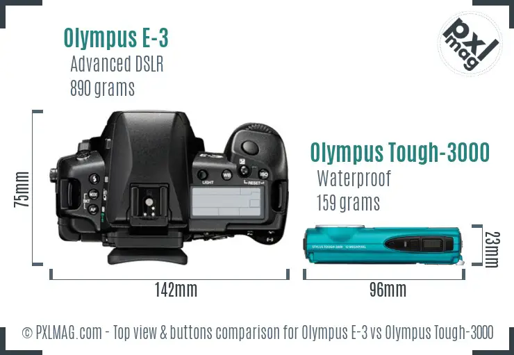 Olympus E-3 vs Olympus Tough-3000 top view buttons comparison