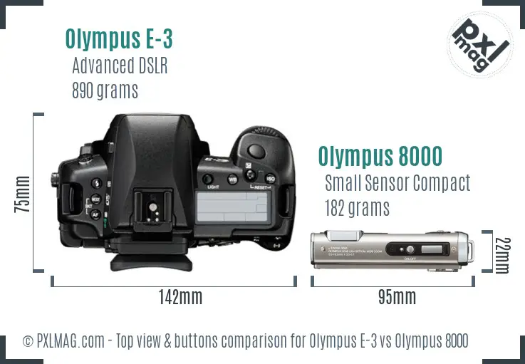 Olympus E-3 vs Olympus 8000 top view buttons comparison