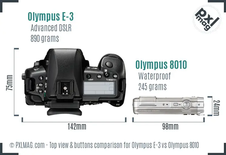 Olympus E-3 vs Olympus 8010 top view buttons comparison