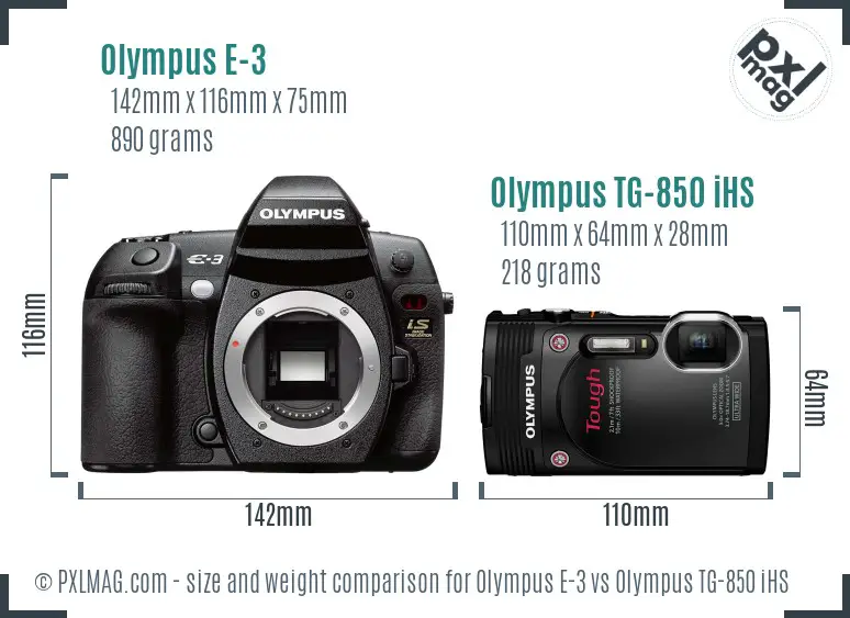 Olympus E-3 vs Olympus TG-850 iHS size comparison