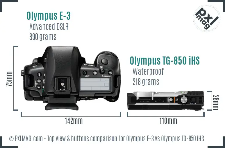 Olympus E-3 vs Olympus TG-850 iHS top view buttons comparison