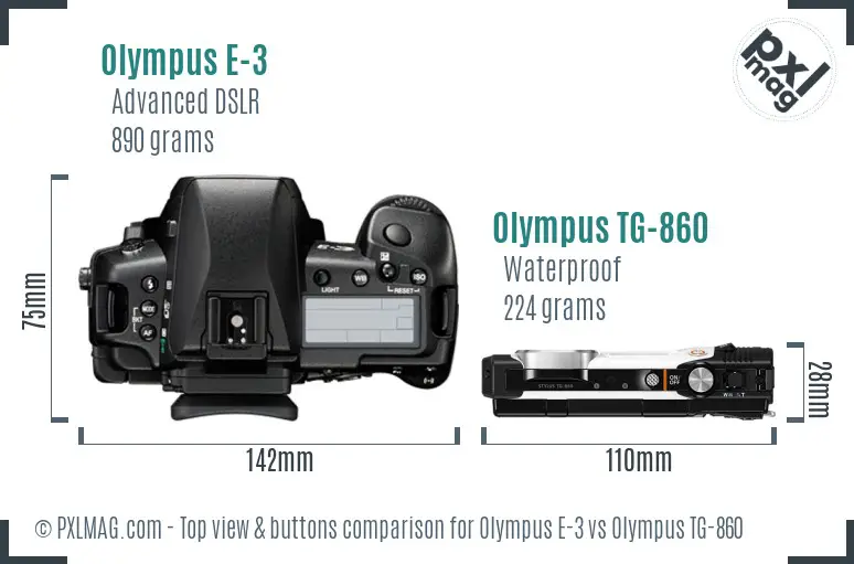 Olympus E-3 vs Olympus TG-860 top view buttons comparison
