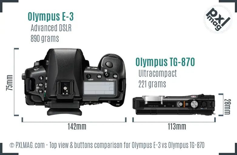 Olympus E-3 vs Olympus TG-870 top view buttons comparison