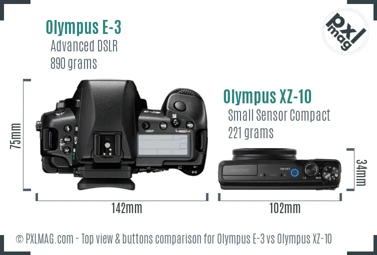 Olympus E-3 vs Olympus XZ-10 top view buttons comparison