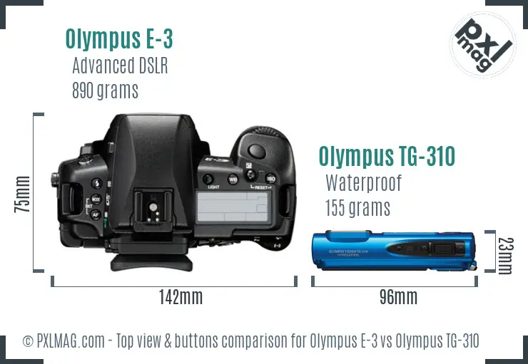 Olympus E-3 vs Olympus TG-310 top view buttons comparison