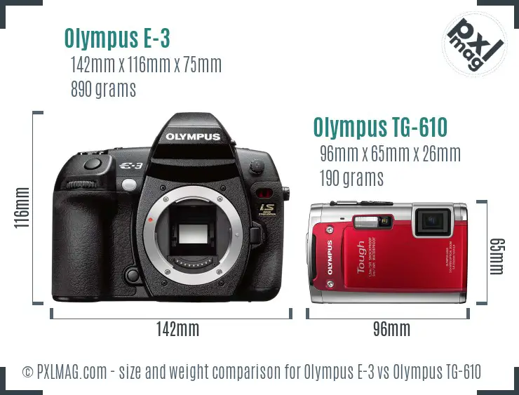 Olympus E-3 vs Olympus TG-610 size comparison