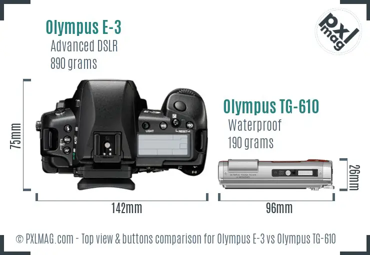 Olympus E-3 vs Olympus TG-610 top view buttons comparison