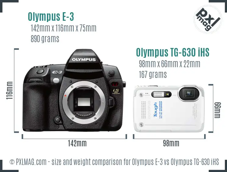 Olympus E-3 vs Olympus TG-630 iHS size comparison