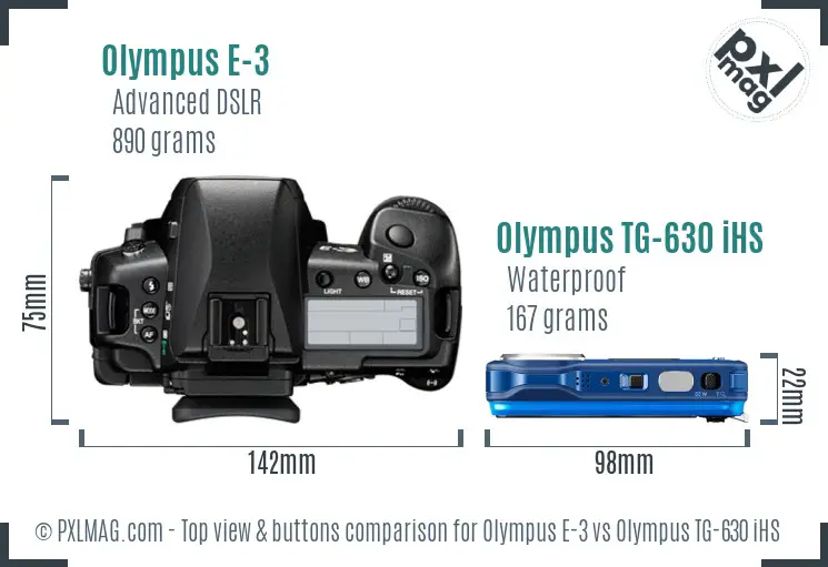 Olympus E-3 vs Olympus TG-630 iHS top view buttons comparison