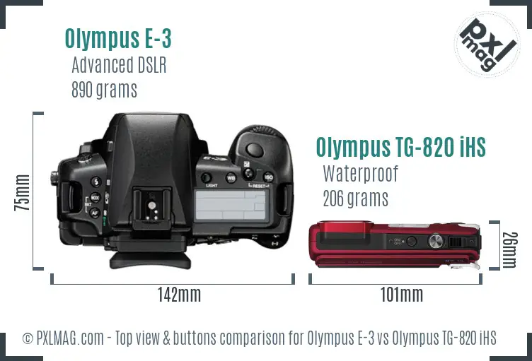 Olympus E-3 vs Olympus TG-820 iHS top view buttons comparison