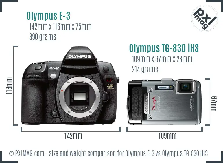 Olympus E-3 vs Olympus TG-830 iHS size comparison