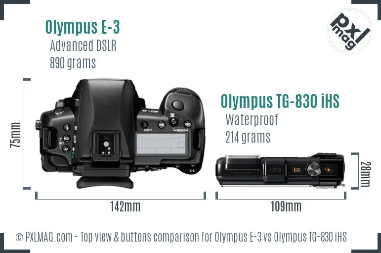 Olympus E-3 vs Olympus TG-830 iHS top view buttons comparison