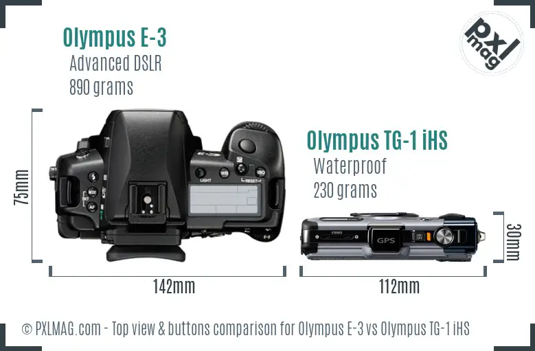 Olympus E-3 vs Olympus TG-1 iHS top view buttons comparison