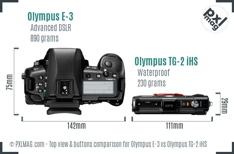 Olympus E-3 vs Olympus TG-2 iHS top view buttons comparison