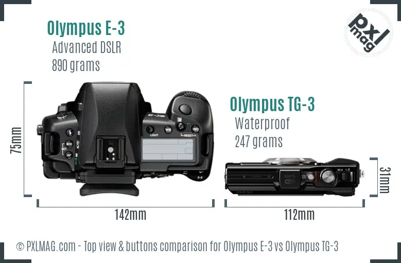 Olympus E-3 vs Olympus TG-3 top view buttons comparison