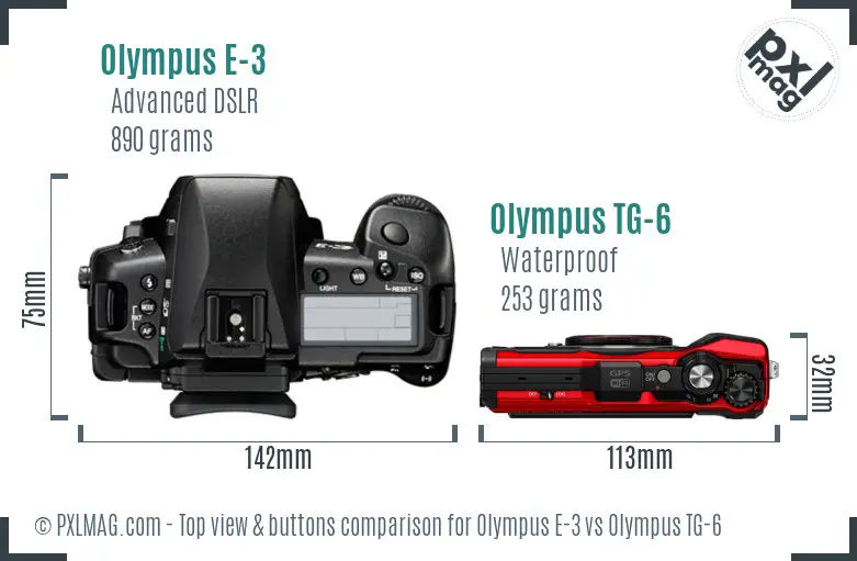 Olympus E-3 vs Olympus TG-6 top view buttons comparison