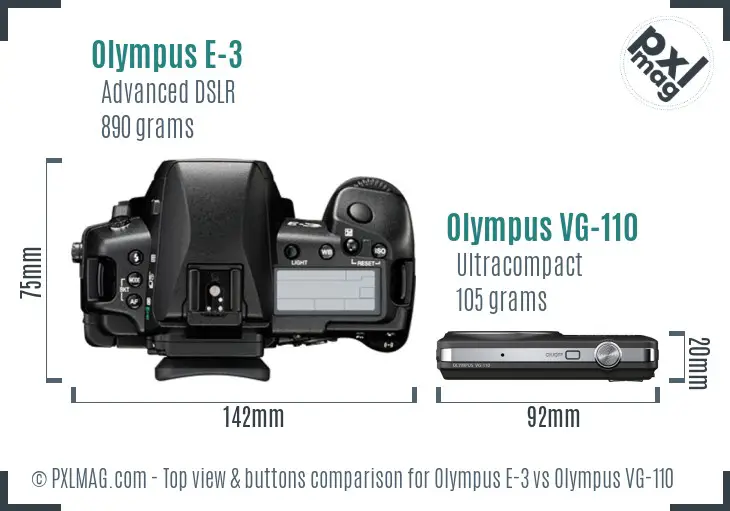 Olympus E-3 vs Olympus VG-110 top view buttons comparison