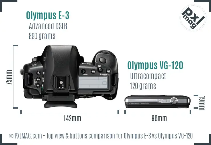 Olympus E-3 vs Olympus VG-120 top view buttons comparison
