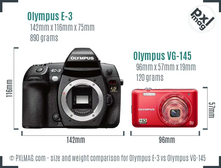 Olympus E-3 vs Olympus VG-145 size comparison