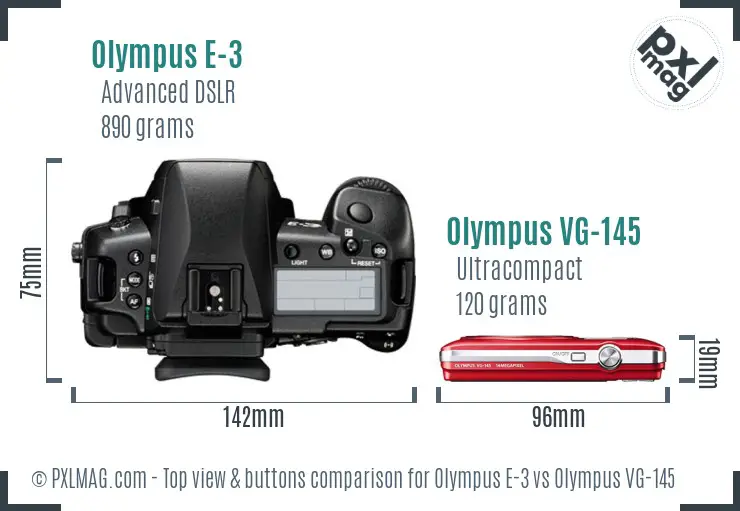 Olympus E-3 vs Olympus VG-145 top view buttons comparison