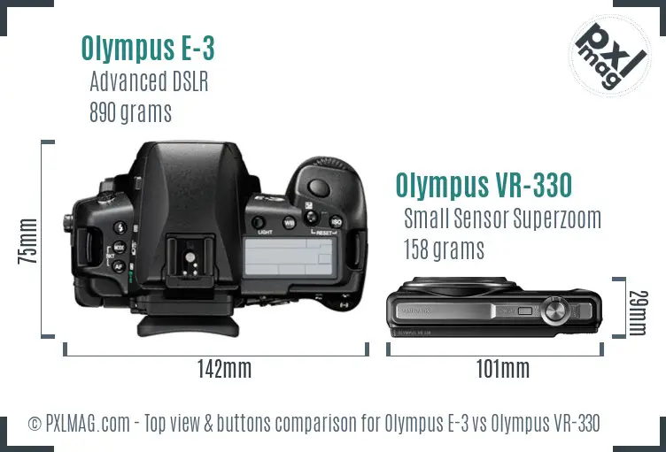 Olympus E-3 vs Olympus VR-330 top view buttons comparison