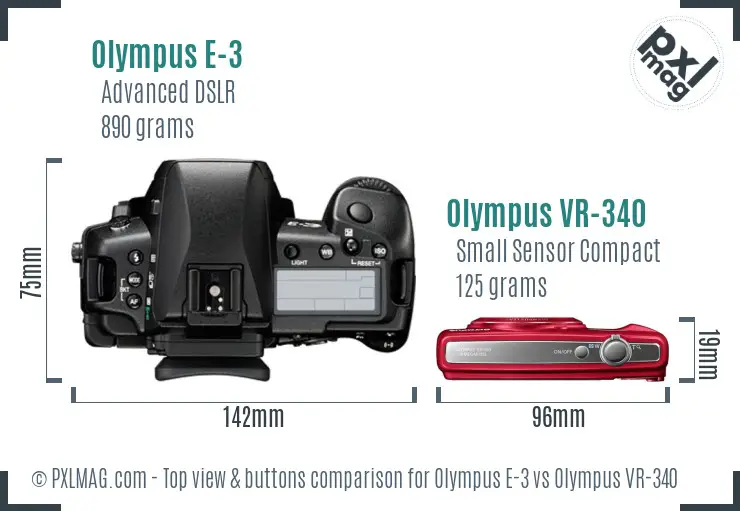 Olympus E-3 vs Olympus VR-340 top view buttons comparison