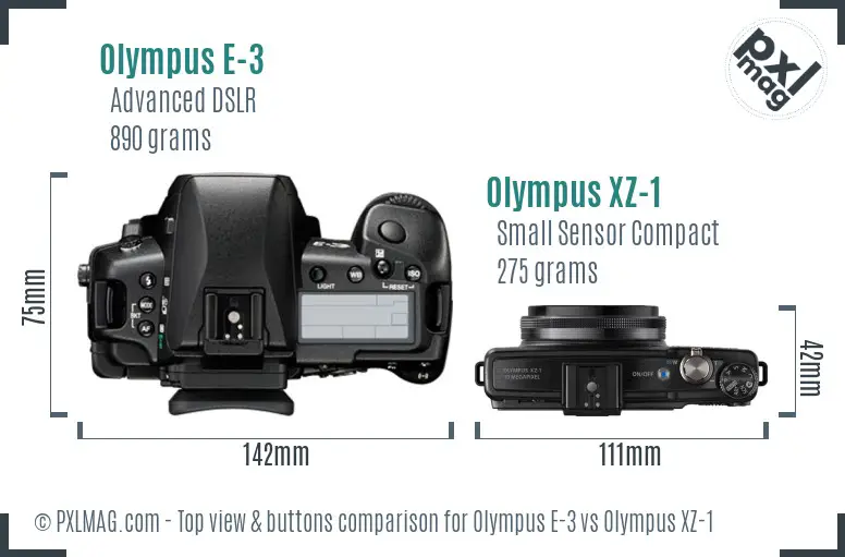 Olympus E-3 vs Olympus XZ-1 top view buttons comparison