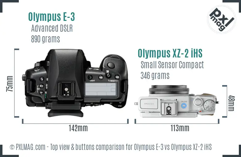 Olympus E-3 vs Olympus XZ-2 iHS top view buttons comparison