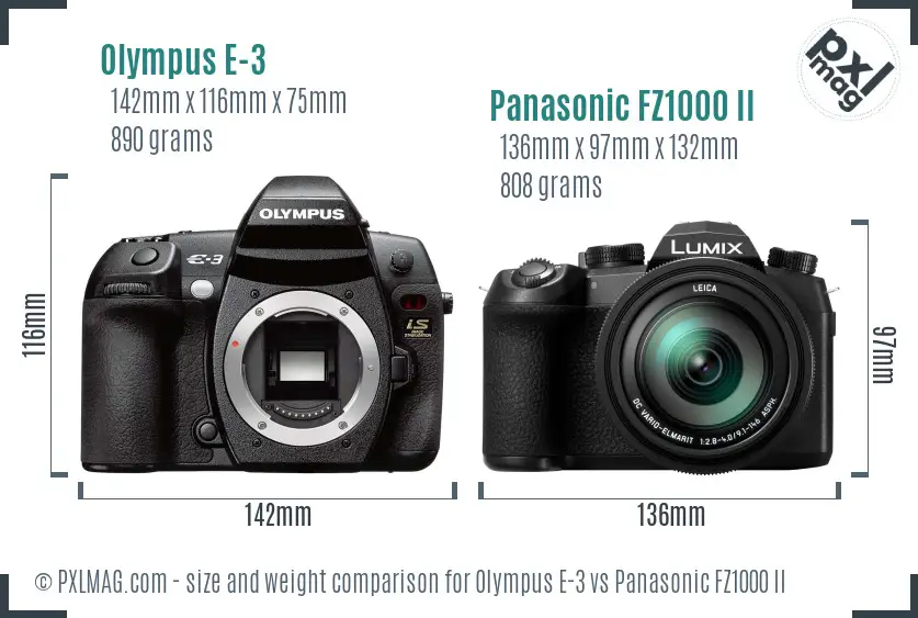 Olympus E-3 vs Panasonic FZ1000 II size comparison