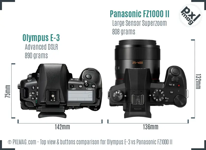 Olympus E-3 vs Panasonic FZ1000 II top view buttons comparison