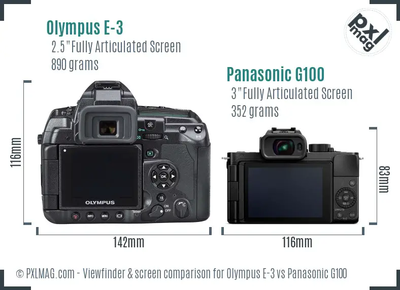 Olympus E-3 vs Panasonic G100 Screen and Viewfinder comparison