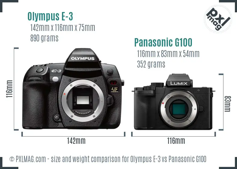Olympus E-3 vs Panasonic G100 size comparison