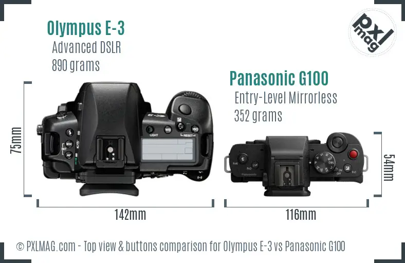 Olympus E-3 vs Panasonic G100 top view buttons comparison