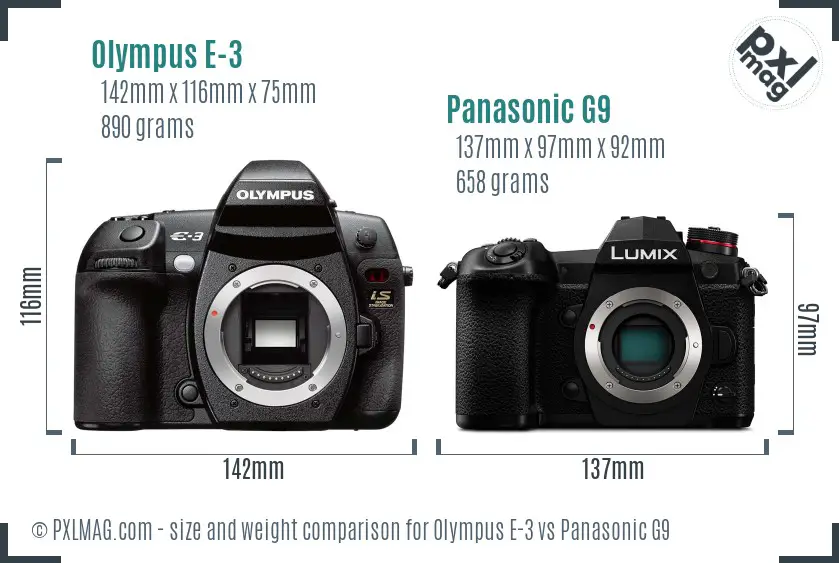 Olympus E-3 vs Panasonic G9 size comparison