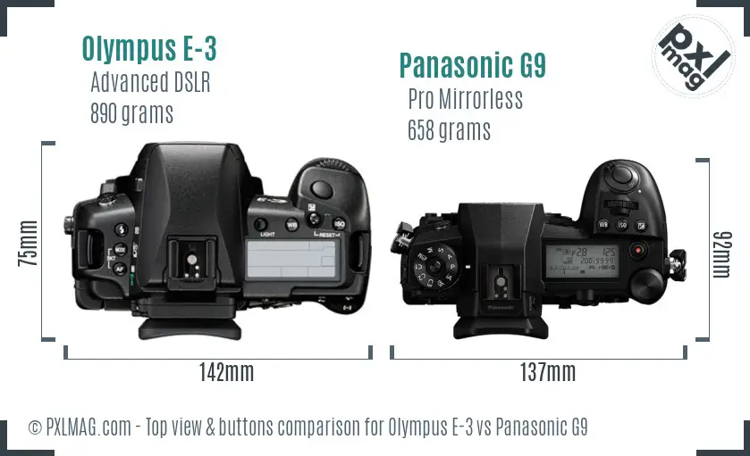 Olympus E-3 vs Panasonic G9 top view buttons comparison