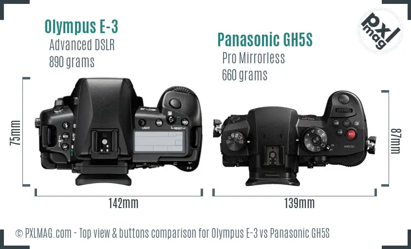 Olympus E-3 vs Panasonic GH5S top view buttons comparison