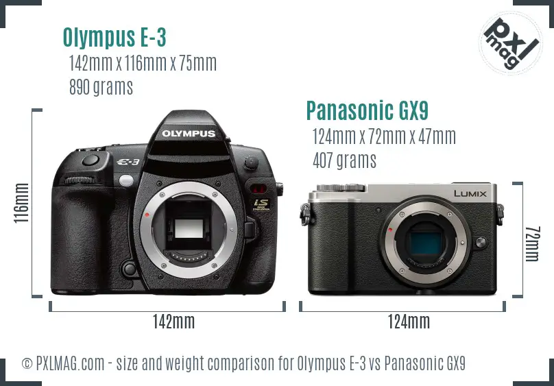 Olympus E-3 vs Panasonic GX9 size comparison