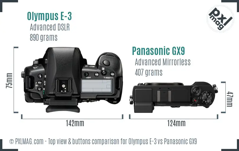 Olympus E-3 vs Panasonic GX9 top view buttons comparison