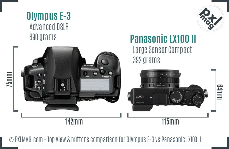 Olympus E-3 vs Panasonic LX100 II top view buttons comparison