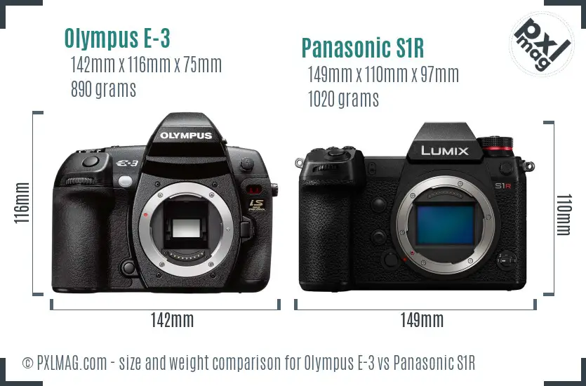 Olympus E-3 vs Panasonic S1R size comparison