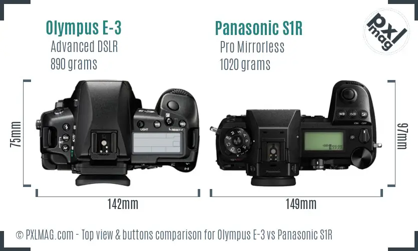 Olympus E-3 vs Panasonic S1R top view buttons comparison