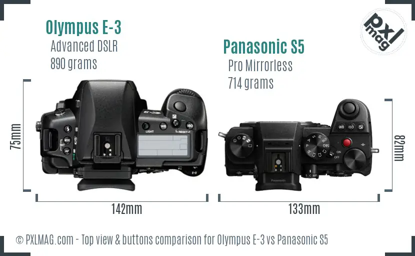 Olympus E-3 vs Panasonic S5 top view buttons comparison