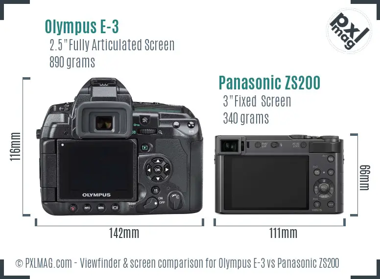 Olympus E-3 vs Panasonic ZS200 Screen and Viewfinder comparison