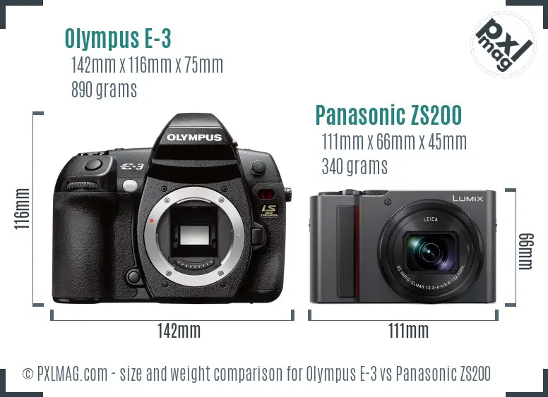 Olympus E-3 vs Panasonic ZS200 size comparison
