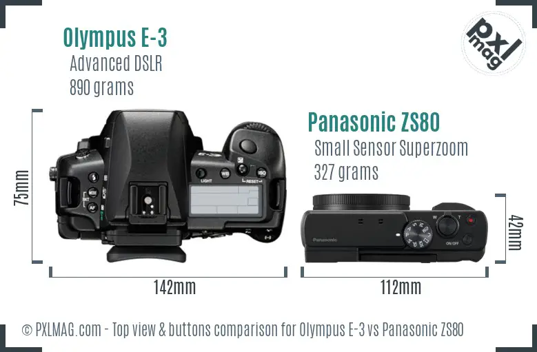 Olympus E-3 vs Panasonic ZS80 top view buttons comparison