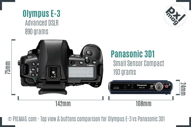 Olympus E-3 vs Panasonic 3D1 top view buttons comparison