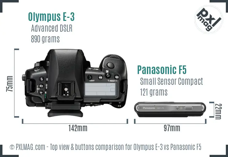 Olympus E-3 vs Panasonic F5 top view buttons comparison