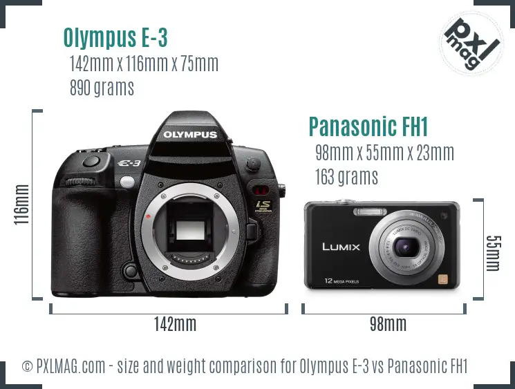 Olympus E-3 vs Panasonic FH1 size comparison